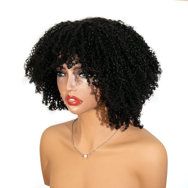 16 Inch 180% Density Afro Kinky Curly Free Part Lace Closure Bob Wig with Bangs for Sale WOJI
