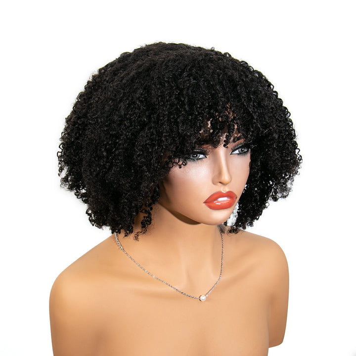 16 Inch 180% Density Afro Kinky Curly Free Part Lace Closure Bob Wig with Bangs for Sale WOJI