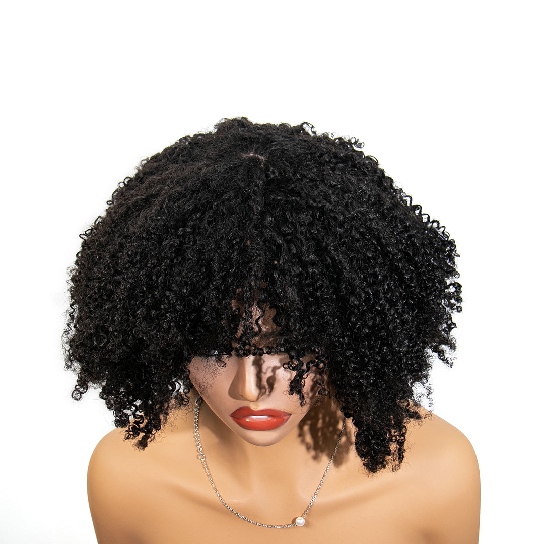 16 Inch 180% Density Afro Kinky Curly Free Part Lace Closure Bob Wig with Bangs for Sale WOJI
