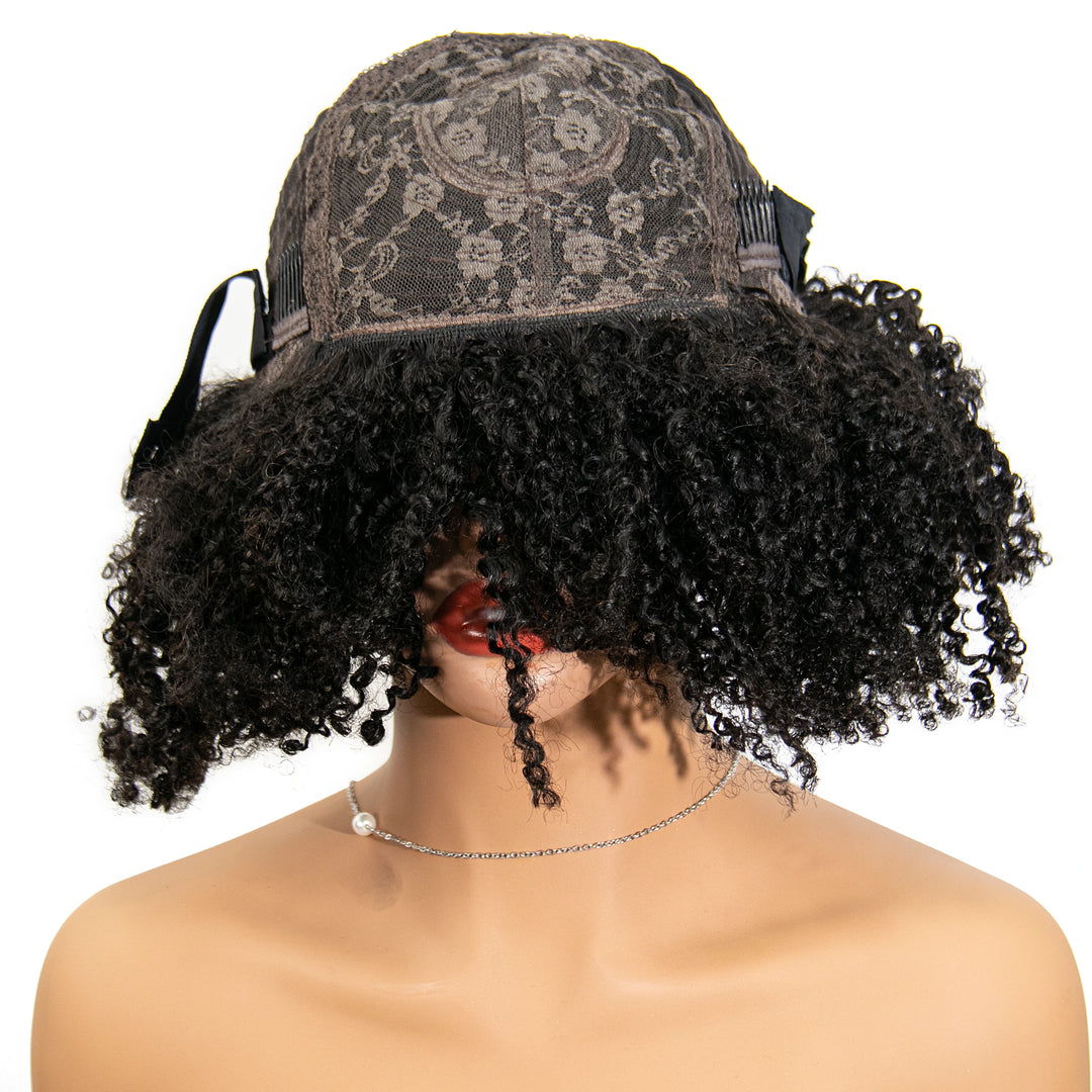 16 Inch 180% Density Afro Kinky Curly Free Part Lace Closure Bob Wig with Bangs for Sale WOJI
