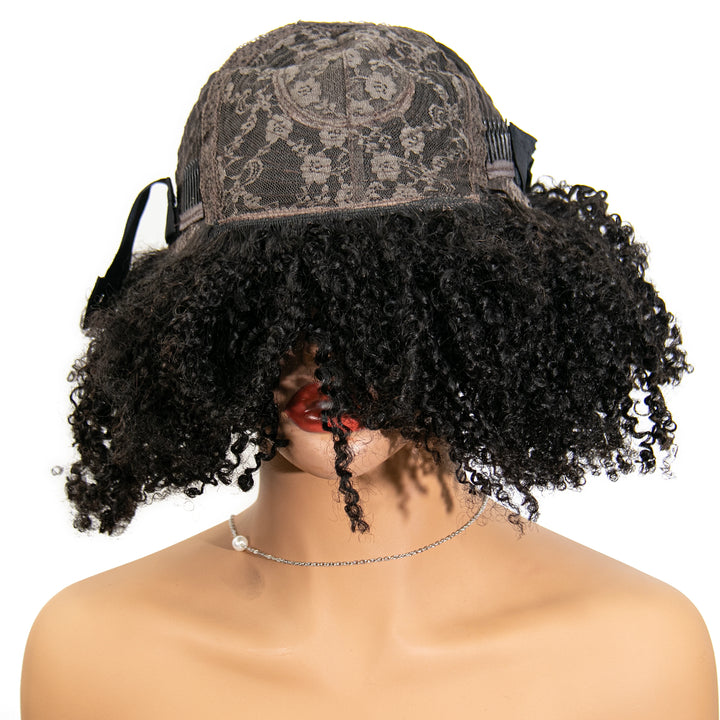 16 Inch 180% Density Afro Kinky Curly Free Part Lace Closure Bob Wig with Bangs for Sale WOJI