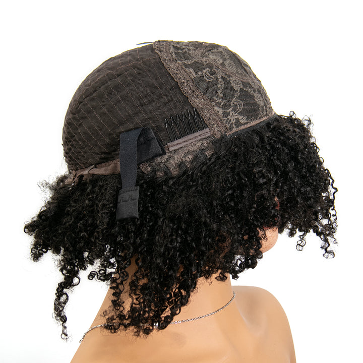 16 Inch 180% Density Afro Kinky Curly Free Part Lace Closure Bob Wig with Bangs for Sale WOJI
