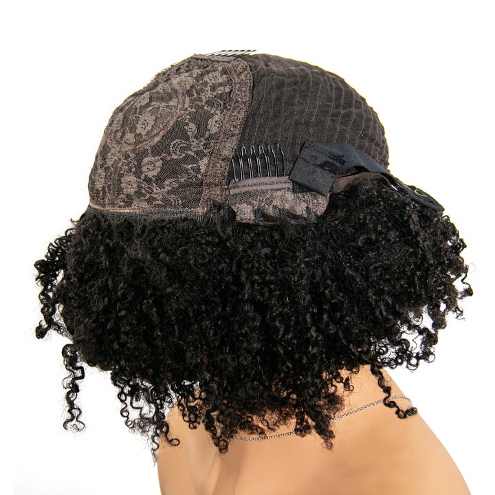 16 Inch 180% Density Afro Kinky Curly Free Part Lace Closure Bob Wig with Bangs for Sale WOJI