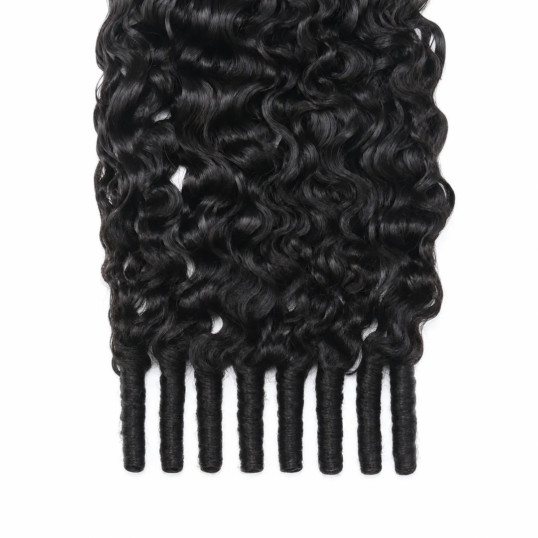 Close-up of Ywigs Burmese Water Curly Human Crochet Hair showing the defined curl pattern and individual strands at the base.
