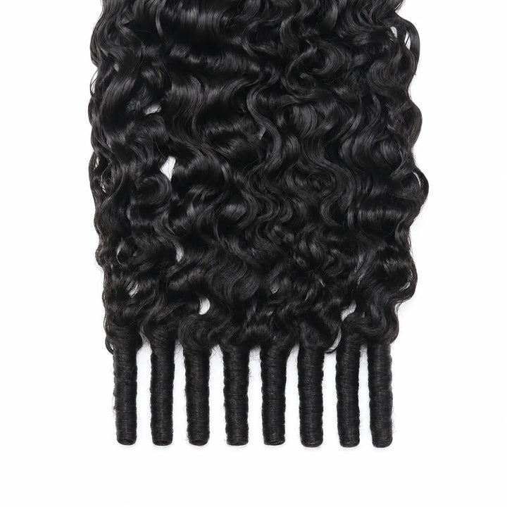 Close-up of Ywigs Burmese Water Curly Human Crochet Hair showing the defined curl pattern and individual strands at the base.