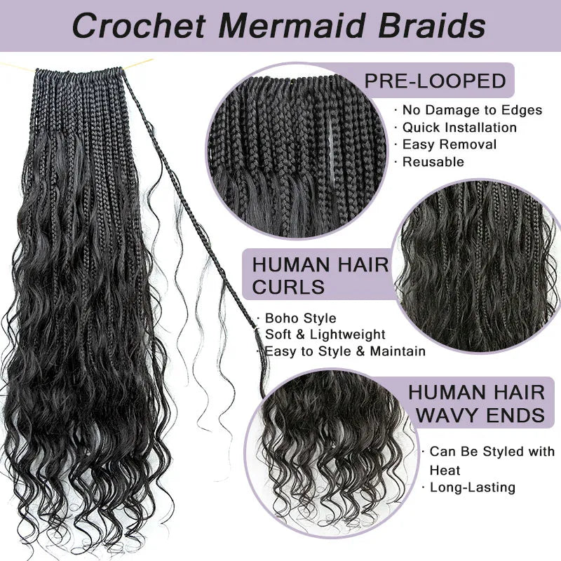 Wholesale - Crochet Box Braids with Human Hair Curls (Price for 1 Pack of 40 braids)