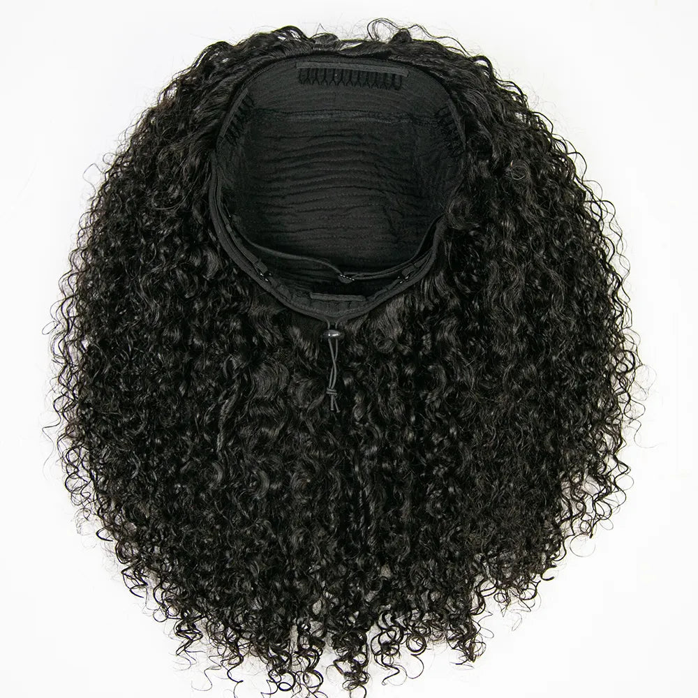 Flexible Fit Drawstring Human Hair Wig Multi-textured Kinky Curly Half Wig