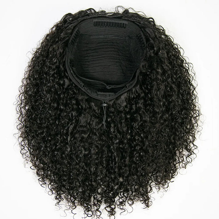 Flexible Fit Drawstring Human Hair Wig Multi-textured Kinky Curly Half Wig