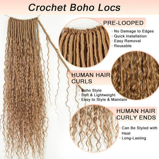 #27 Honey Blonde Pre-looped Crochet Boho Locs with Human Hair Curls