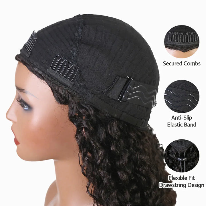 Human Hair Flexible Fit Drawstring Water Wave Half Wig