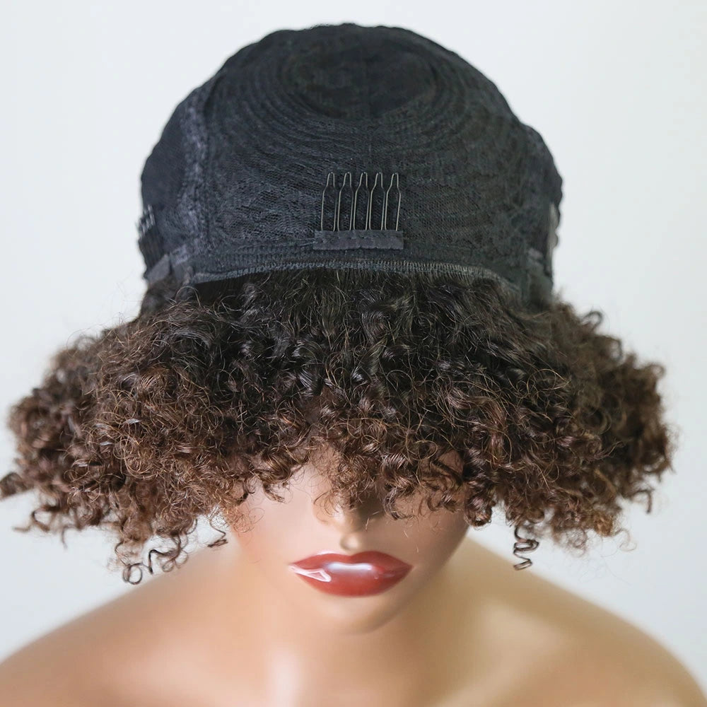 12 Inch 150% Density T1/B4 Curly Human Hair Bob Wig with Bangs for Sale Y51132