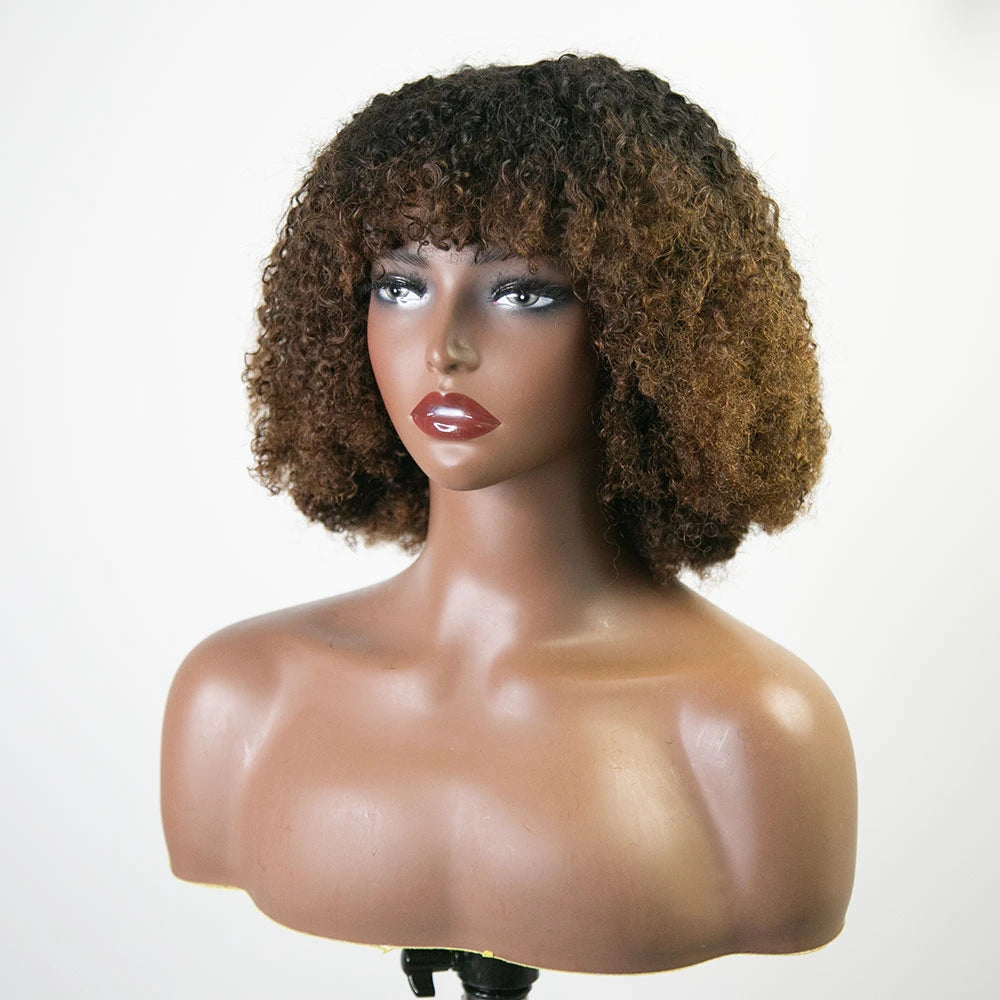 14 Inch 150% Density T1/B30 Curly Human Hair Bob Wig with Bngs for Sale Y51133