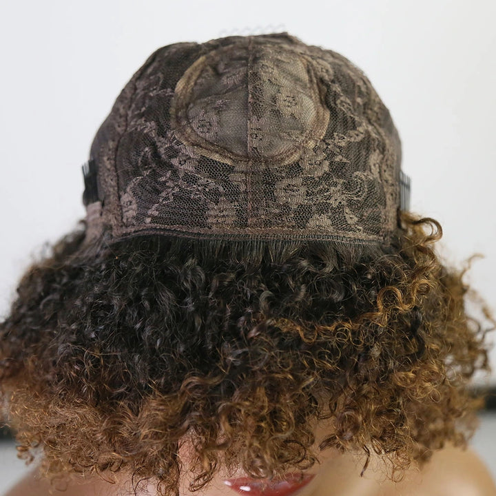 14 Inch 150% Density T1/B30 Curly Human Hair Bob Wig with Bngs for Sale Y51133