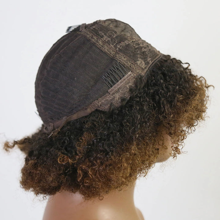 14 Inch 150% Density T1/B30 Curly Human Hair Bob Wig with Bngs for Sale Y51133