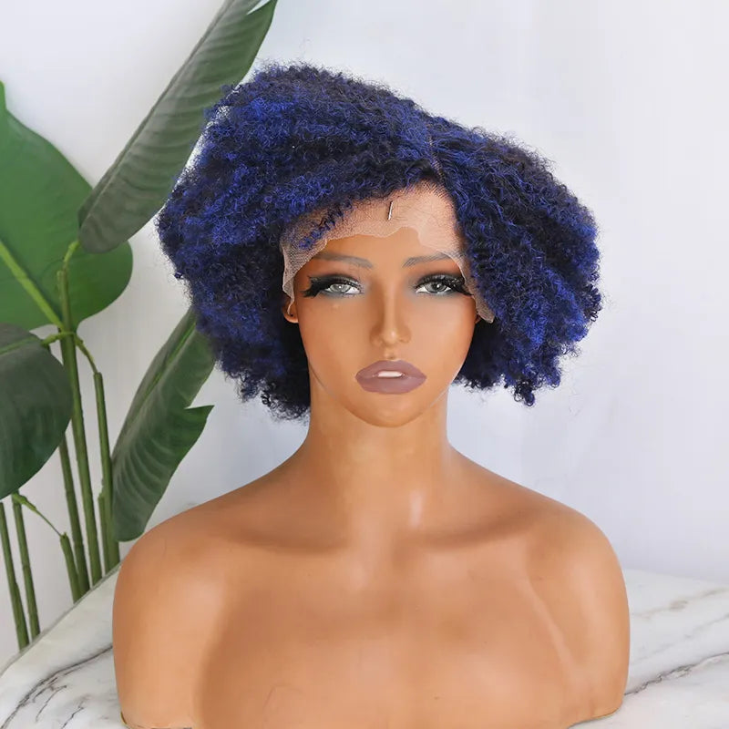 1B/Blue 10 inch 150% density Afro Kinky Curly Left Part 13x4 T Part Lace Front Wig for Sale MT231028-6