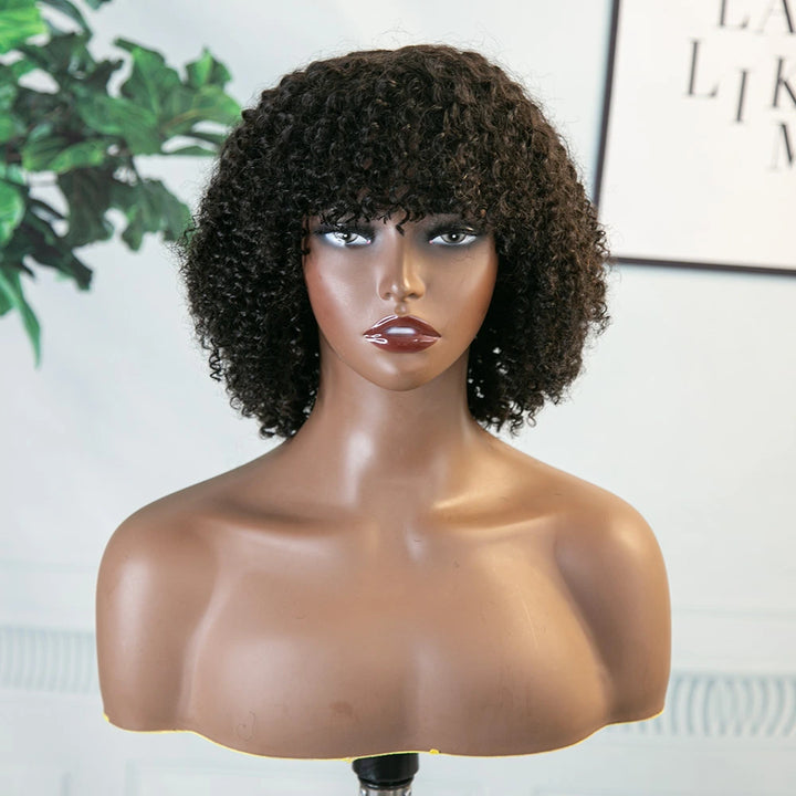 12 Inch 150% Density Natural Color Kinky Curly Full Machine Made Bang Wig for Sale Y250817