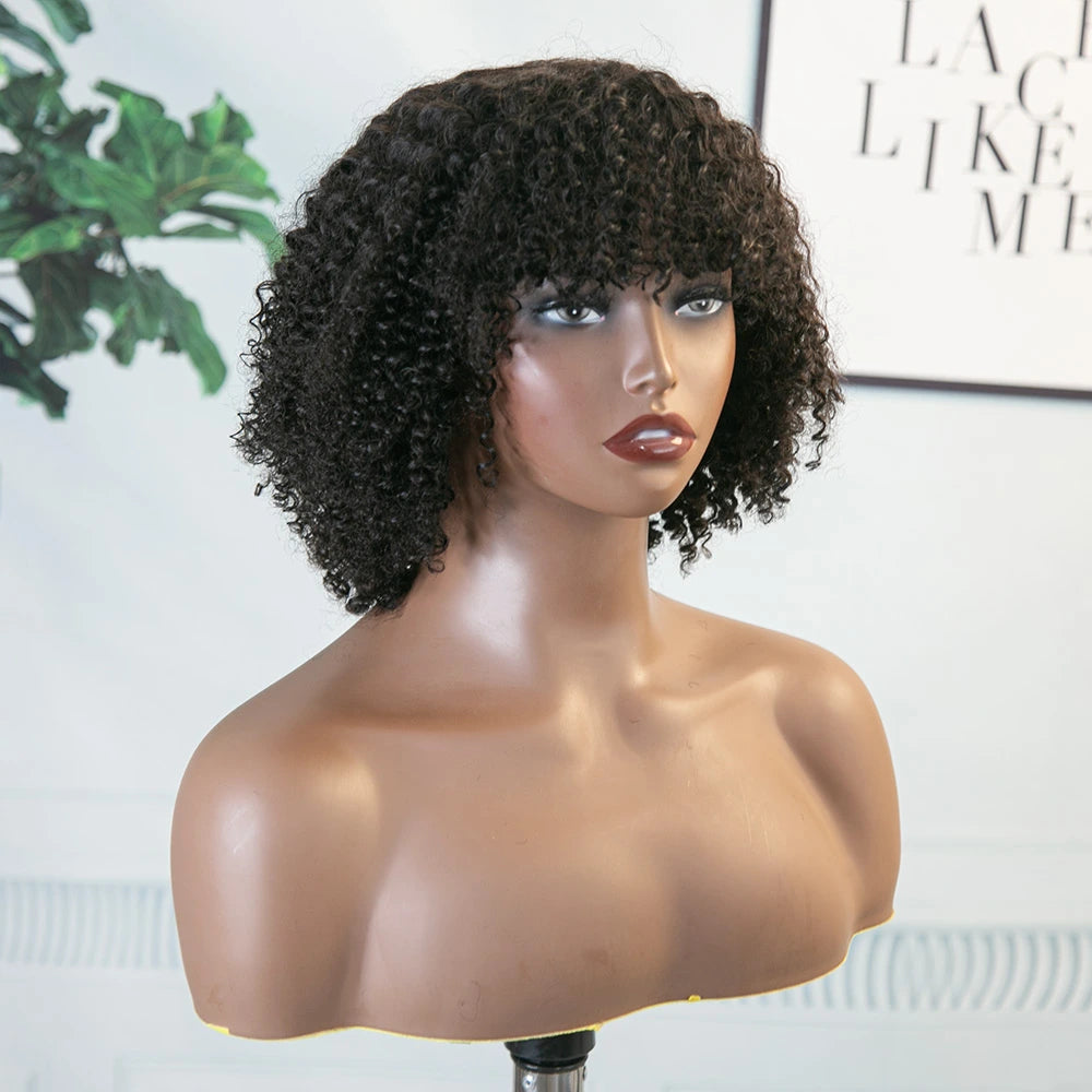 12 Inch 150% Density Natural Color Kinky Curly Full Machine Made Bang Wig for Sale Y250817