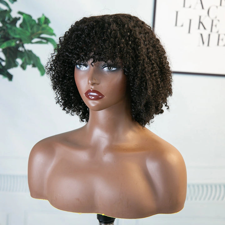 12 Inch 150% Density Natural Color Kinky Curly Full Machine Made Bang Wig for Sale Y250817