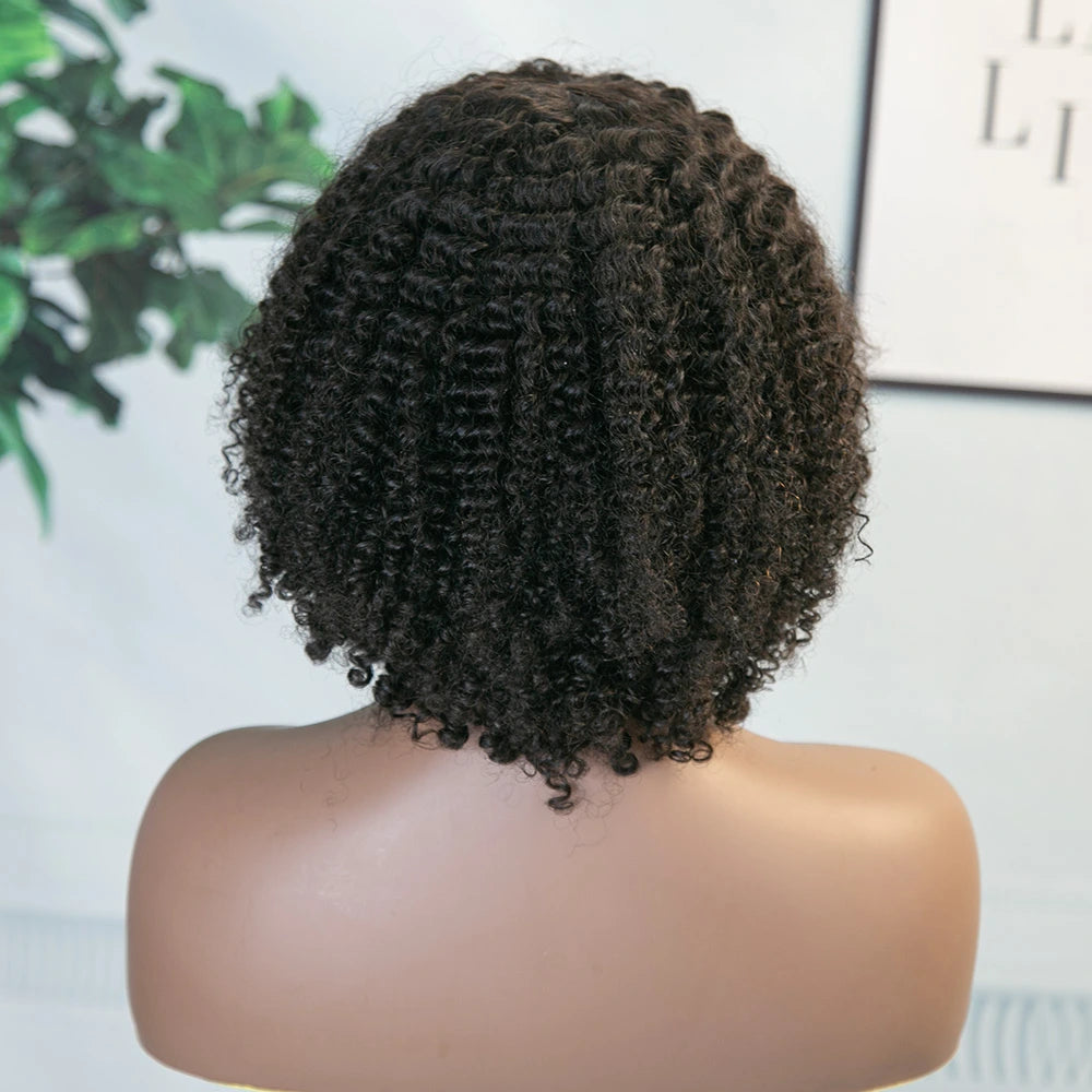 12 Inch 150% Density Natural Color Kinky Curly Full Machine Made Bang Wig for Sale Y250817