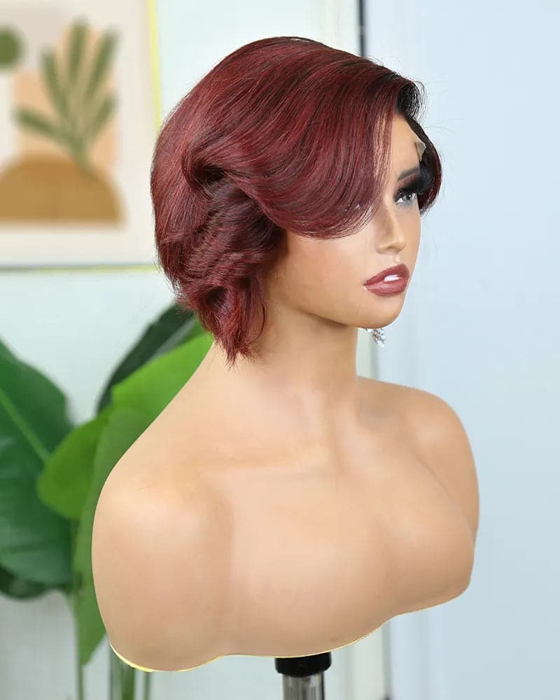 Ombre Burgundy Short Pixie Cut 5x5 Lace Closure Wig for Sale NW