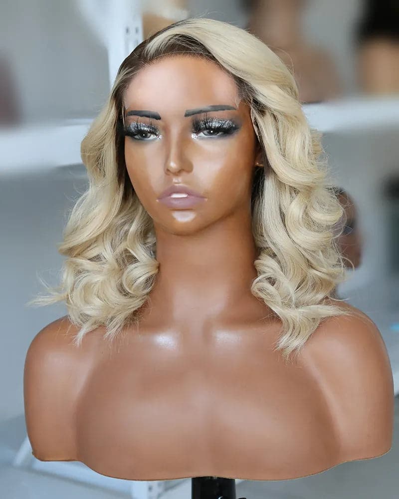 #60 Butter Blonde with Dark Roots Body Wave 5x5 Lace Closure Bob Wig for Sale NW