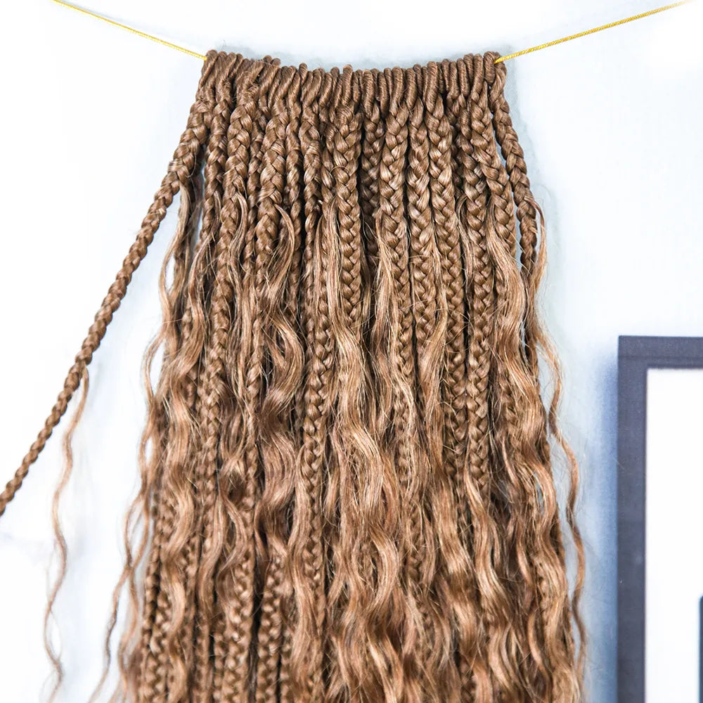 Light Brown Crochet Boho Box Braids with Human Hair Curls
