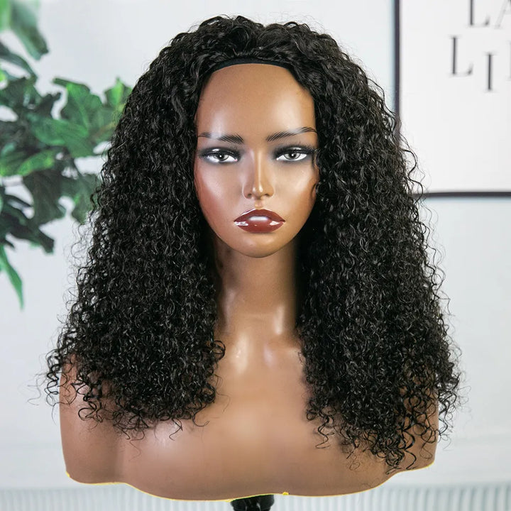 Multi-textured Kinky Curly Half Wig Flexible Fit Drawstring Human Hair Wig