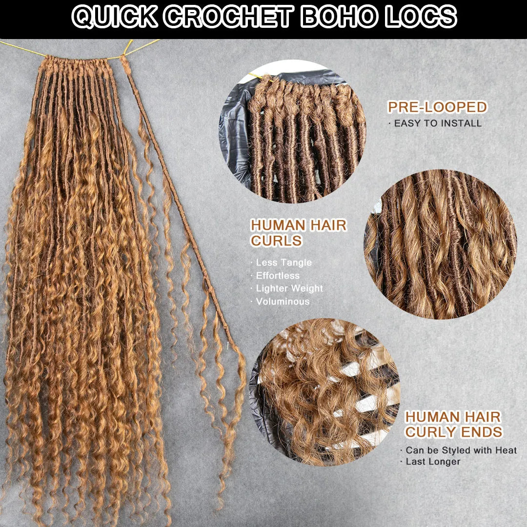 Pre-looped Light Auburn Crochet Boho Locs with Human Hair Curls