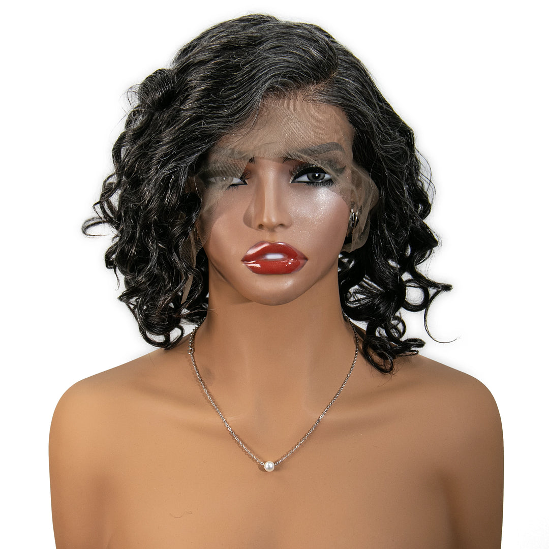 12 inches Salt Pepper Loose Deep Wave Human Hair 13x6 Left Part Lace Front Bob Wig for Sale SOAL