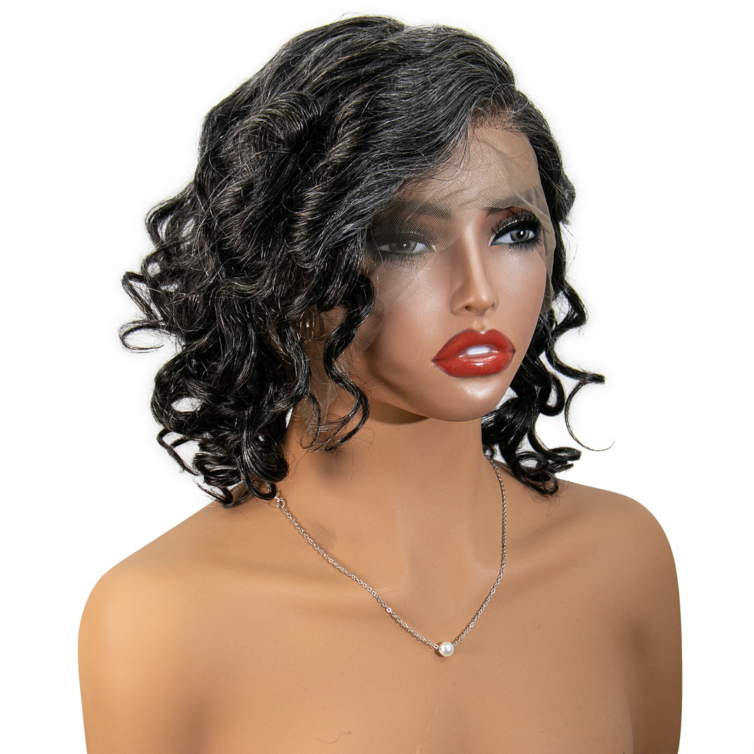 12 inches Salt Pepper Loose Deep Wave Human Hair 13x6 Left Part Lace Front Bob Wig for Sale SOAL
