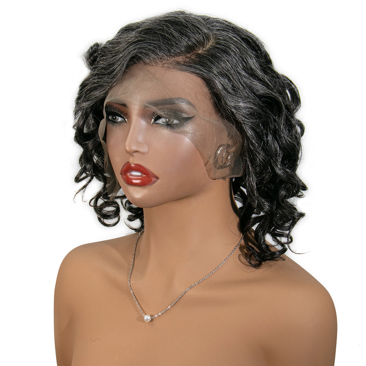 12 inches Salt Pepper Loose Deep Wave Human Hair 13x6 Left Part Lace Front Bob Wig for Sale SOAL
