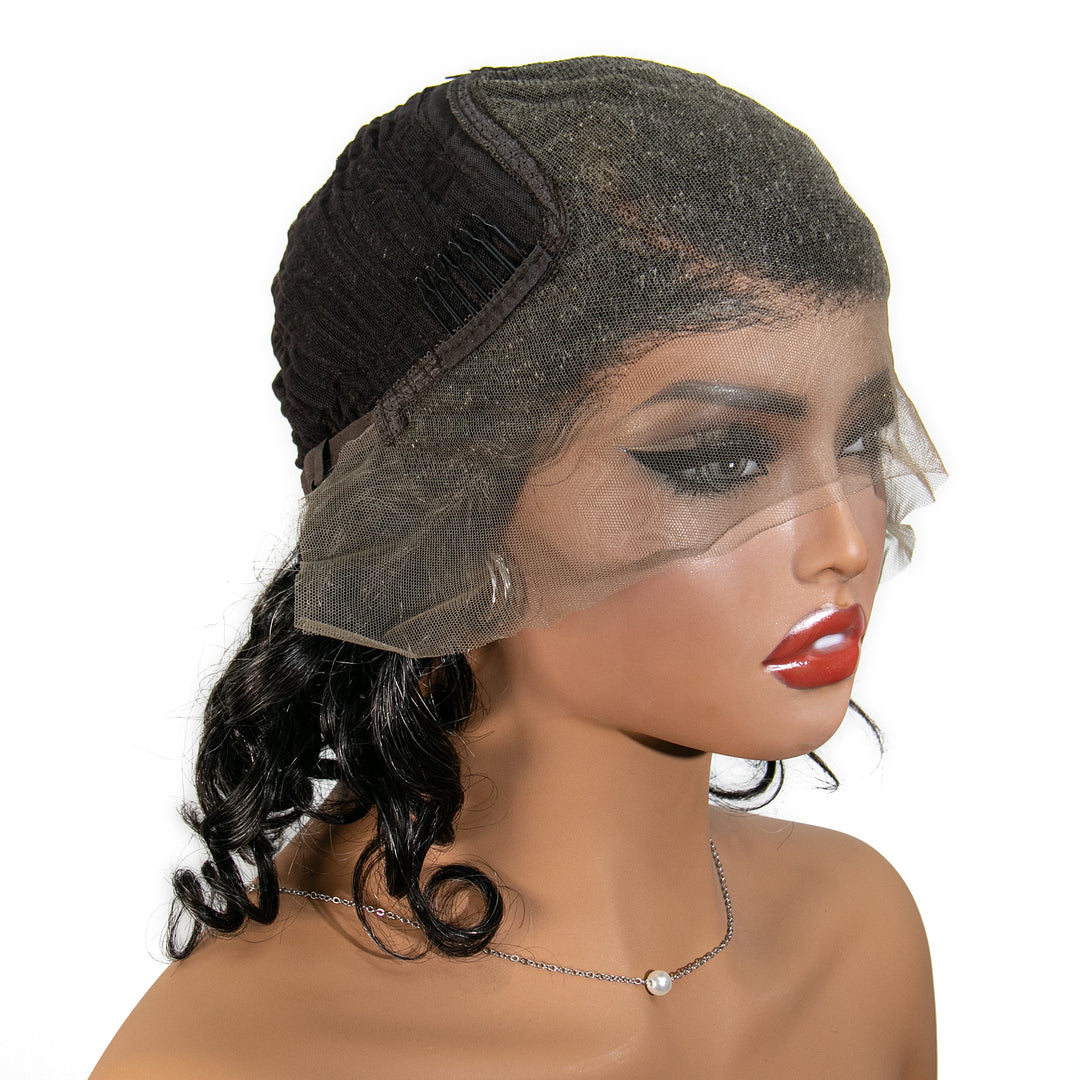 12 inches Salt Pepper Loose Deep Wave Human Hair 13x6 Left Part Lace Front Bob Wig for Sale SOAL