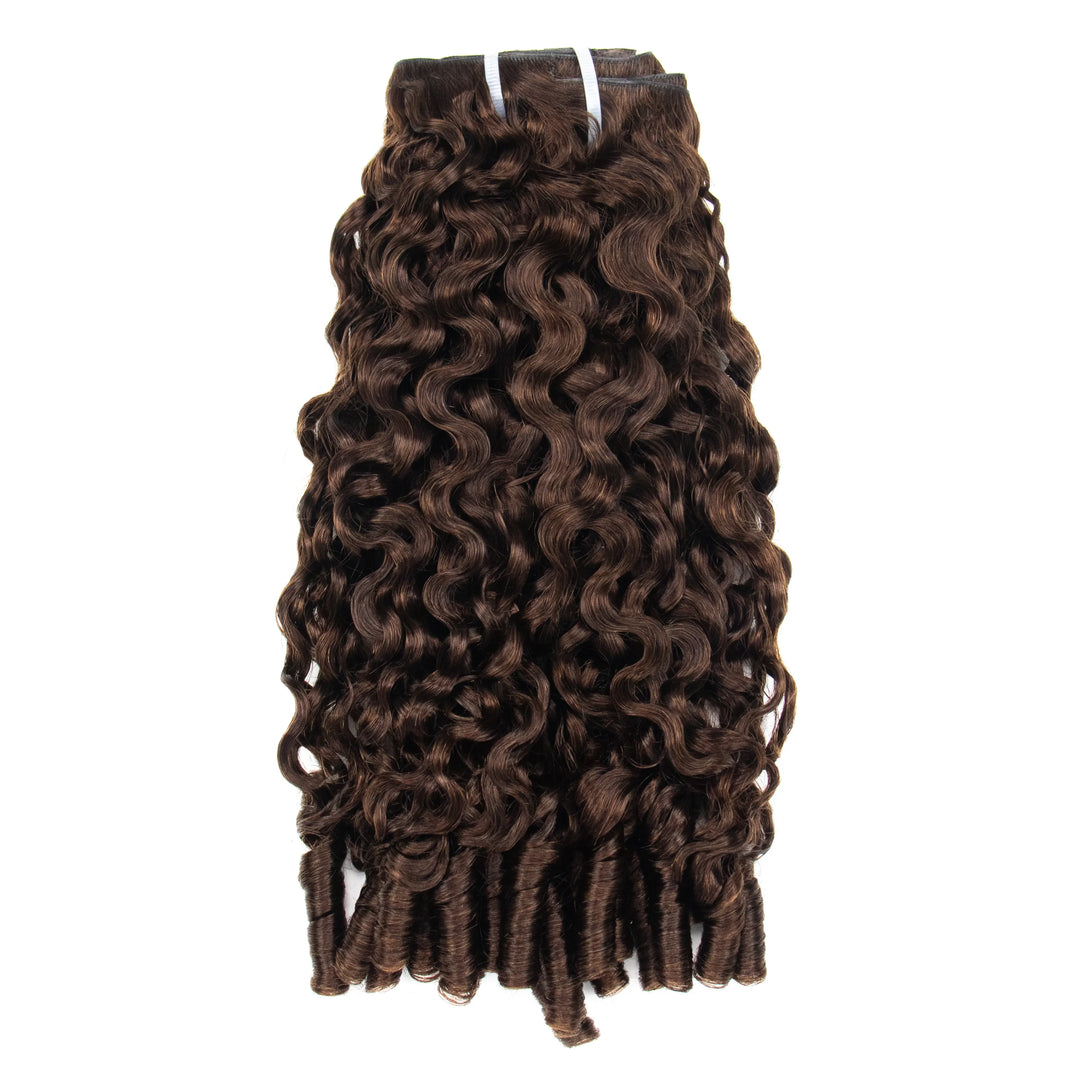 Close-up of Ywigs #4 Medium Brown Water Curly Hair Extensions showing the defined curl pattern