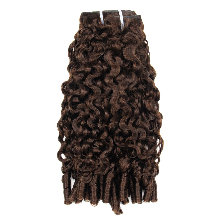 Close-up of Ywigs #4 Medium Brown Water Curly Hair Extensions showing the defined curl pattern