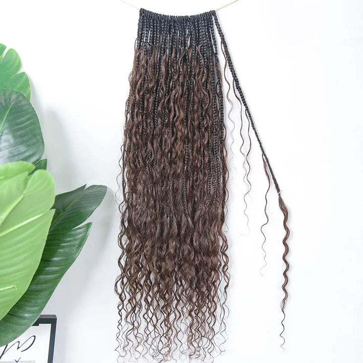 T1B/4 Ombre Brown Crochet Boho Box Braids with Human Hair Curls