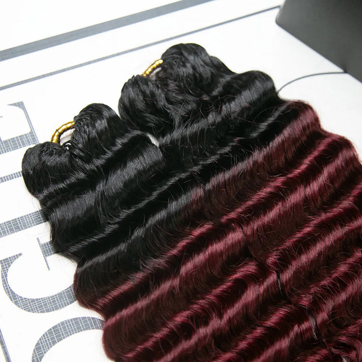 #T1B/burgundy deep wave crochet human hair