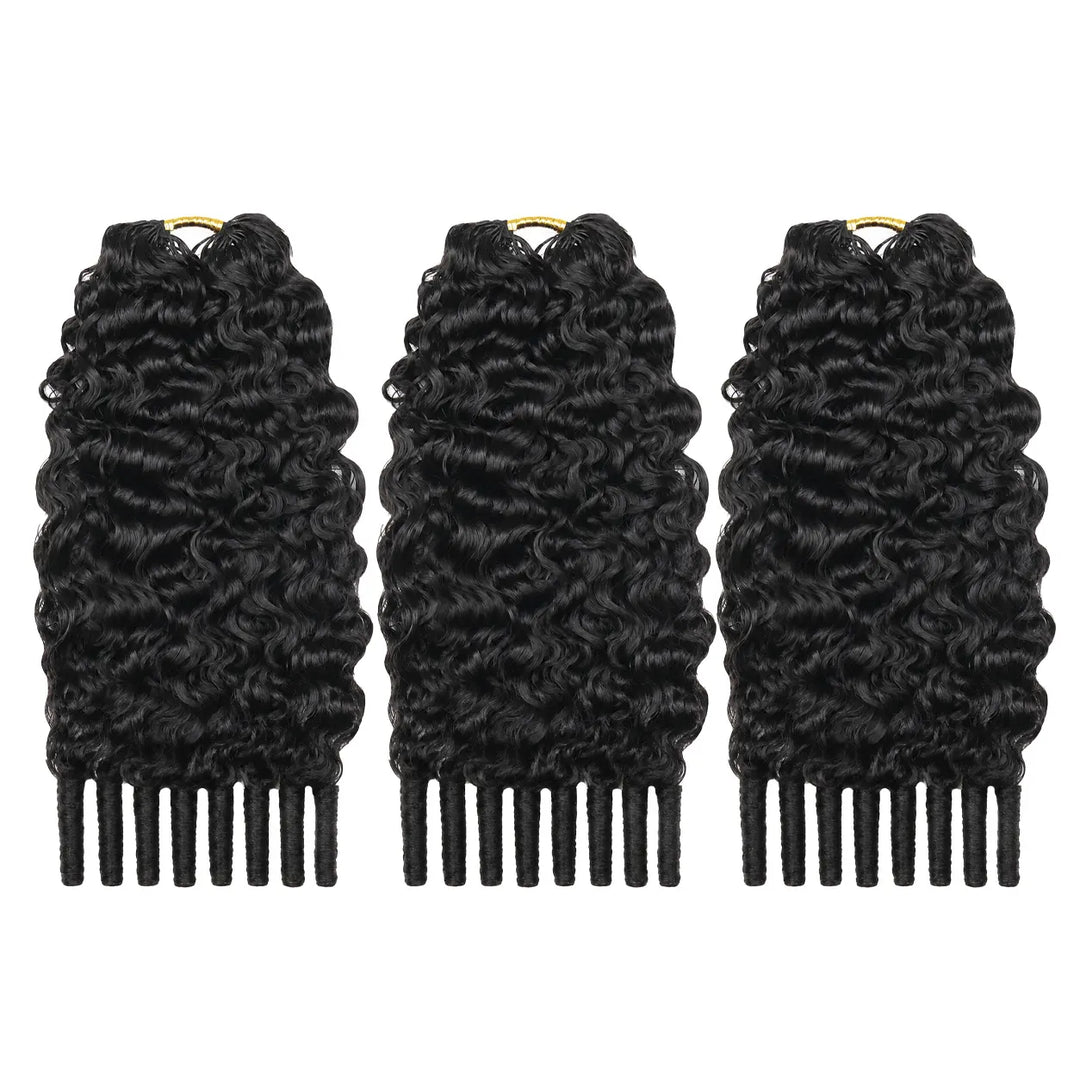 Three bundles of Ywigs Burmese Water Curly Human Crochet Hair for a fuller, voluminous crochet hairstyle.