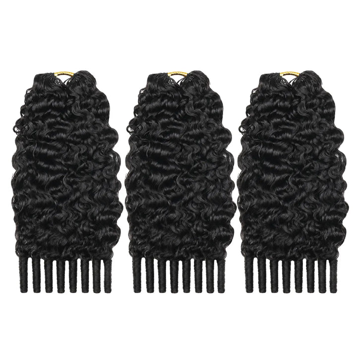 Three bundles of Ywigs Burmese Water Curly Human Crochet Hair for a fuller, voluminous crochet hairstyle.