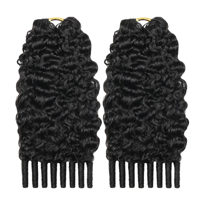 Two bundles of Ywigs Burmese Water Curly Human Crochet Hair featuring soft, defined curls in natural black.