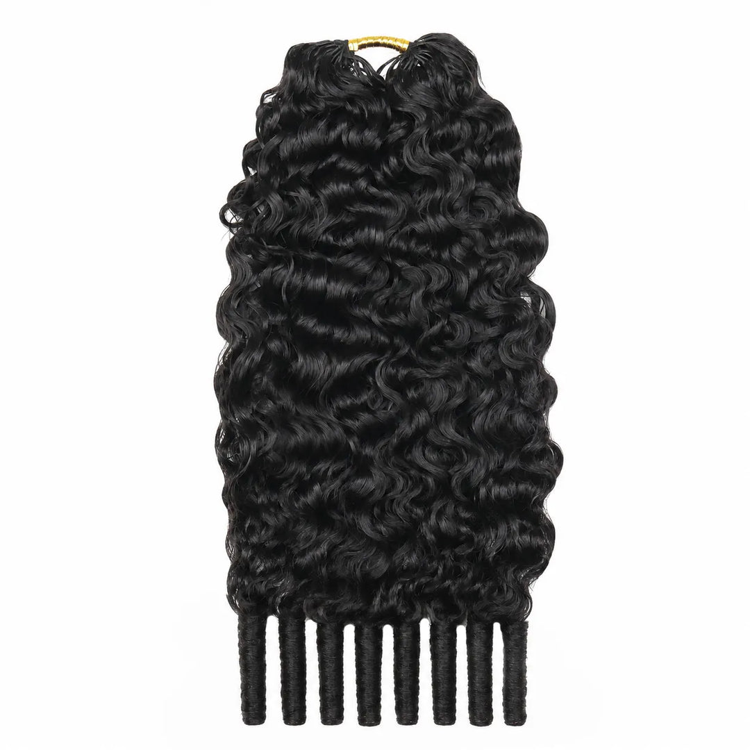Ywigs Burmese Water Curly Human Crochet Hair single bundle with defined black curls and pre-separated strands.