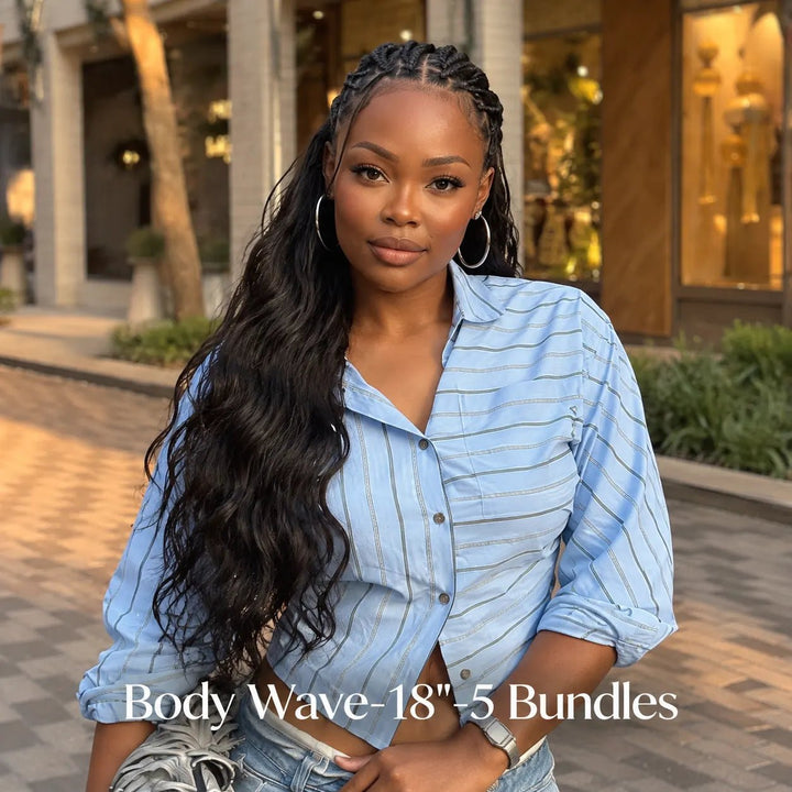 Model wearing Ywigs 18 inch body wave human hair with 5 bundles natural black long wavy hairstyle outdoor front view