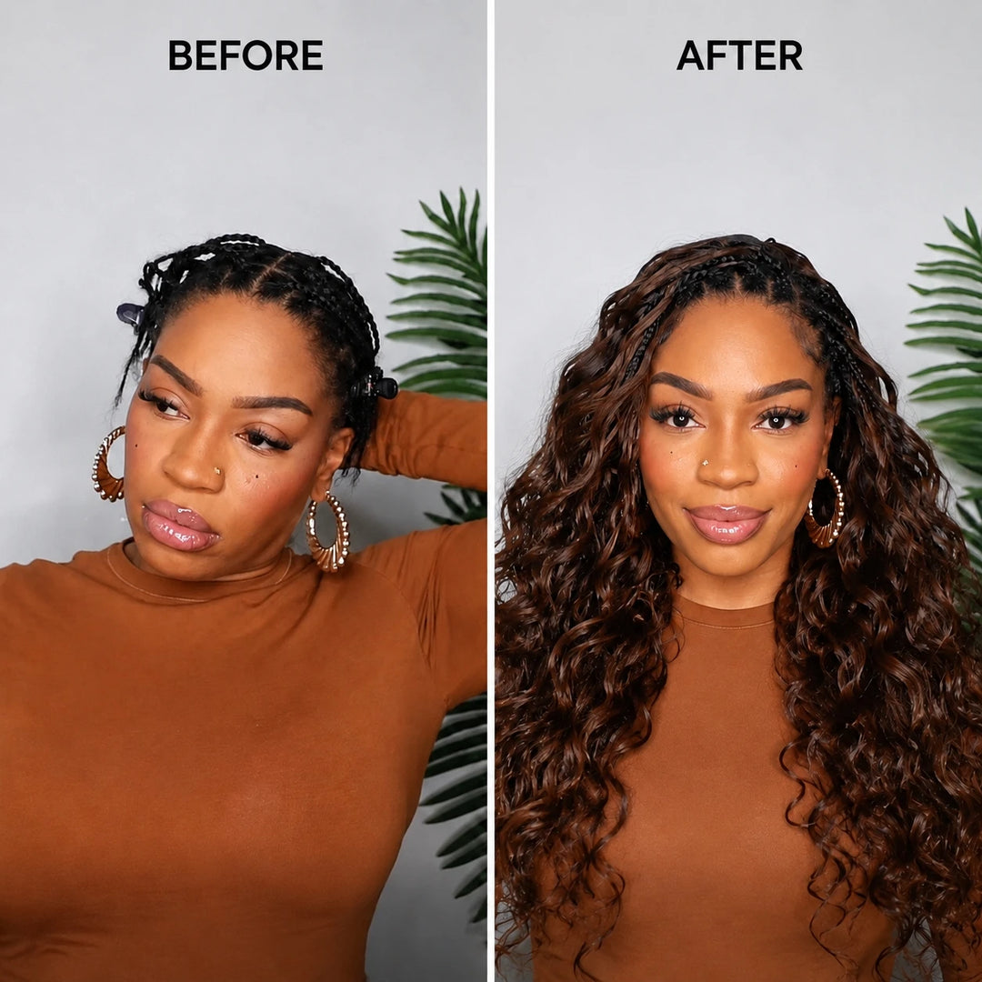 Before and after installation of Ywigs #4 Medium Brown body wave human crochet hair for crochet braids transformation