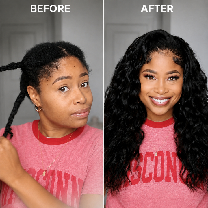 Before and after installation of Ywigs Natural Black body wave human crochet hair for crochet braids transformation