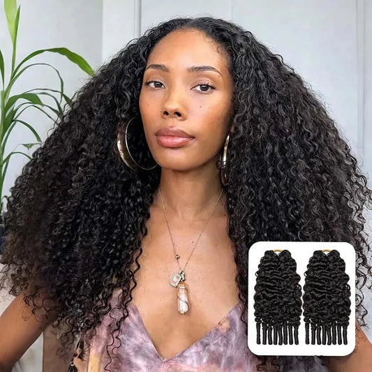 Two bundles of Ywigs Burmese Water Curly Human Crochet Hair in natural black with soft, defined curls and natural-looking volume.