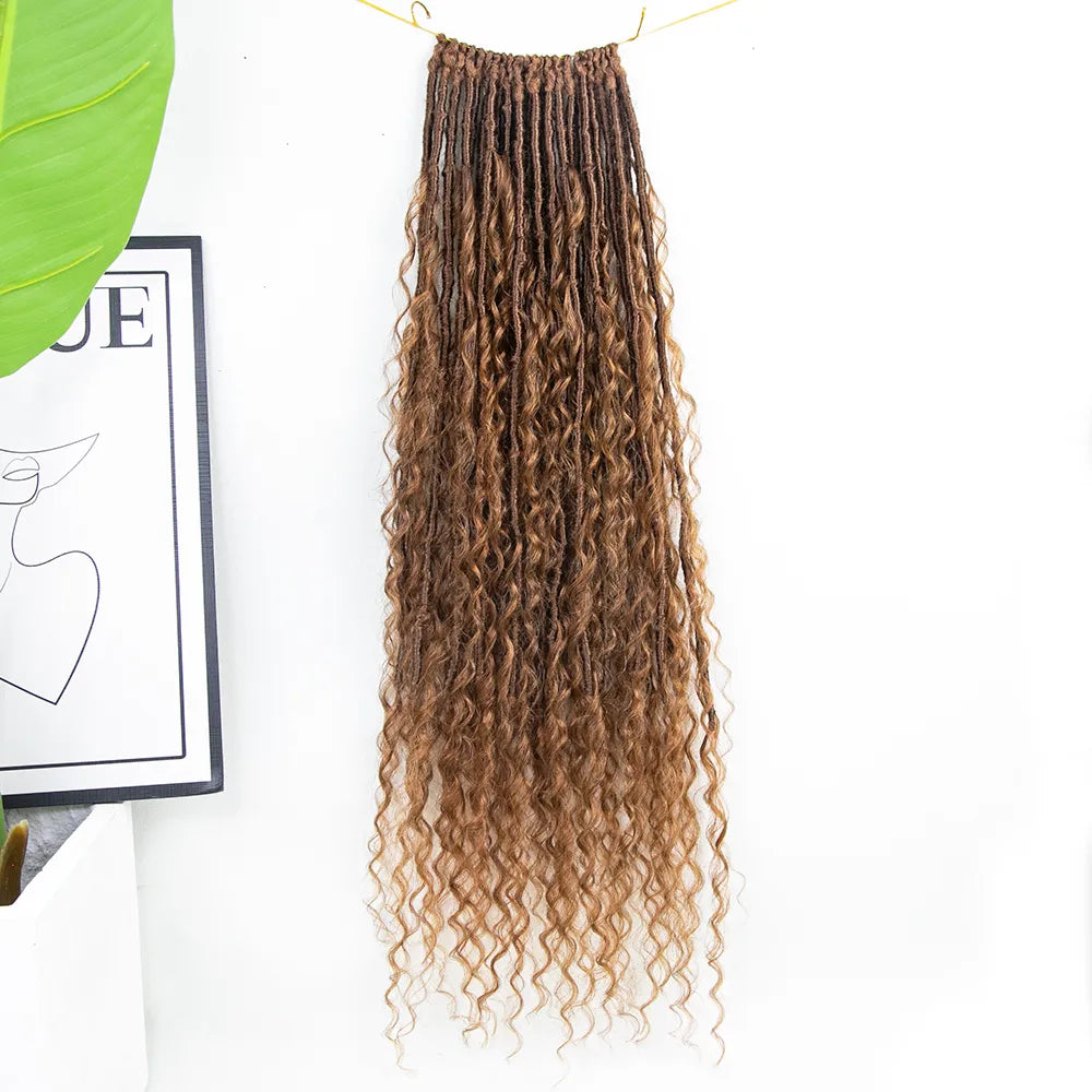 Pre-looped Light Auburn Crochet Boho Locs with Human Hair Curls