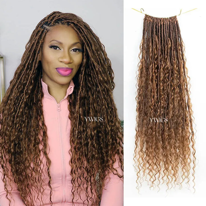 crochet boho locs with human hair curls in brown Ywigs