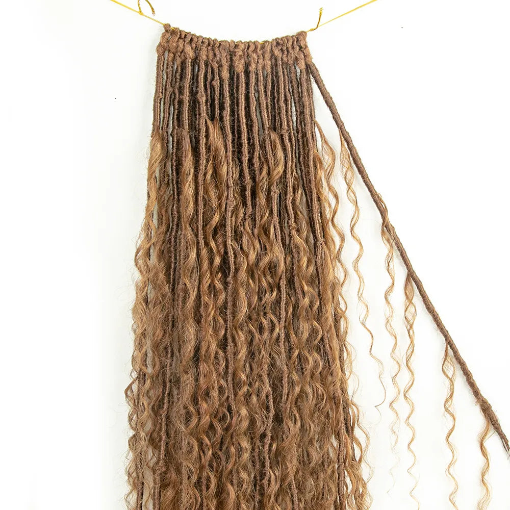 Pre-looped Light Auburn Crochet Boho Locs with Human Hair Curls