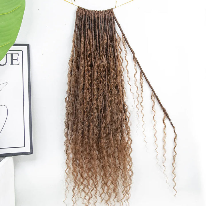 Pre-looped Light Auburn Crochet Boho Locs with Human Hair Curls