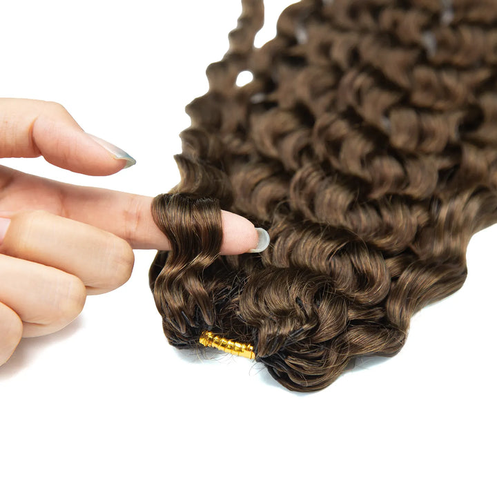 Top view of Ywigs Customized #4 Medium Brown Water Wave Human Crochet Hair showing neat strands and warm brown color