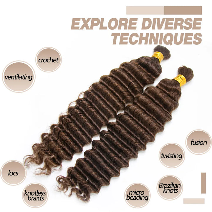 Deep Wave #4 Medium Brown Bulk Hair Extensions for Braiding